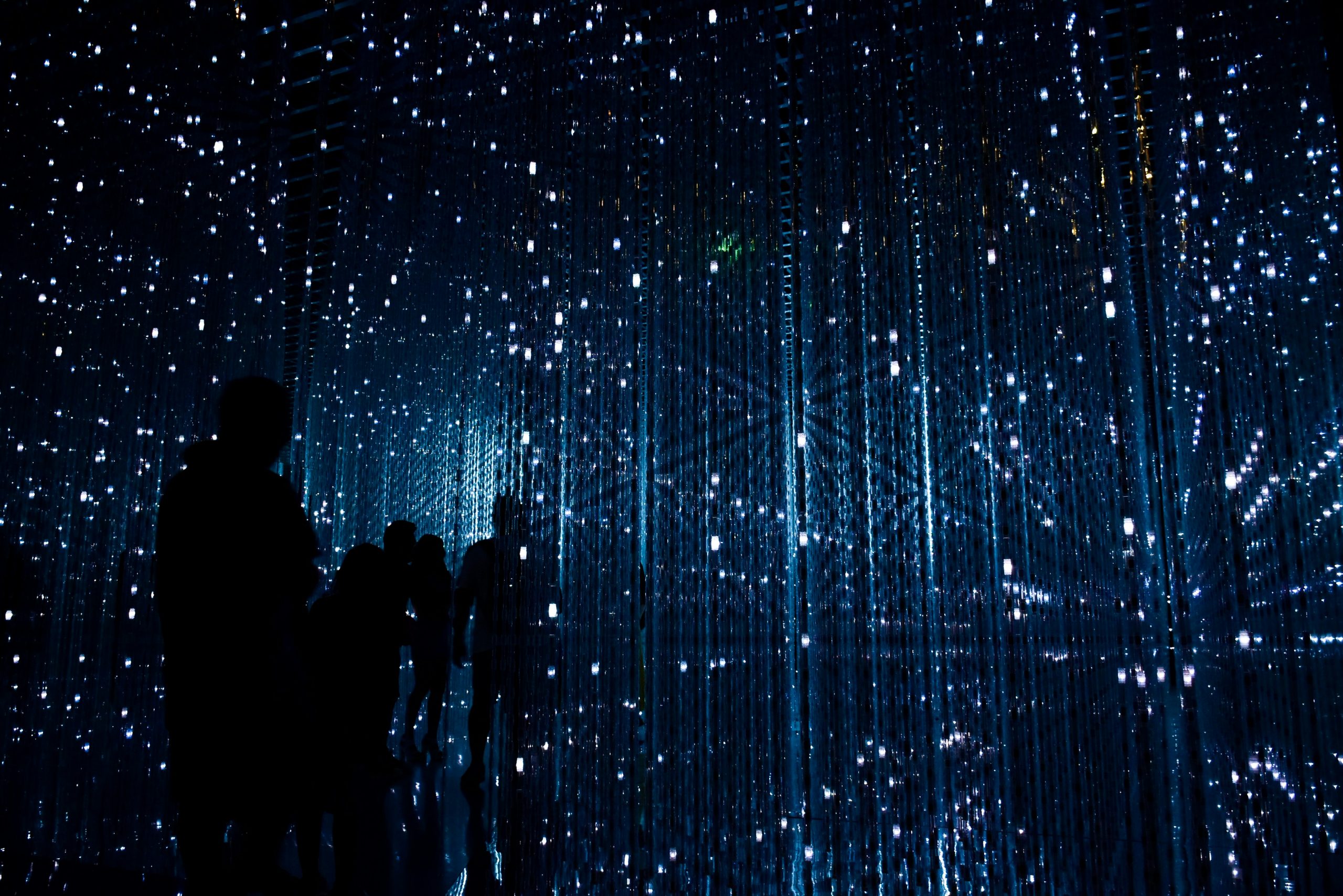 Silhouettes surrounded by blue lights in an immersive digital installation